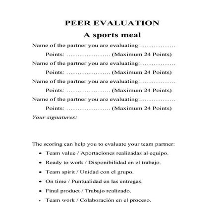 Peer evaluation (a sports meal)