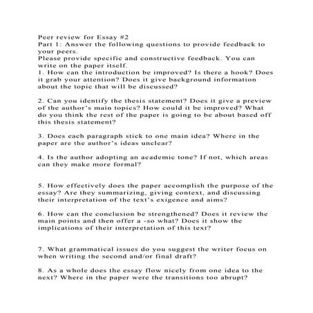 Peer review for Essay #2Part 1 Answer the following questions to .docx