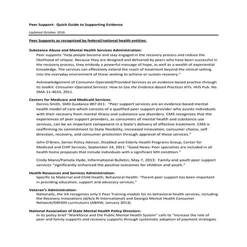 Peer Support Outcomes Quick Guide 2016