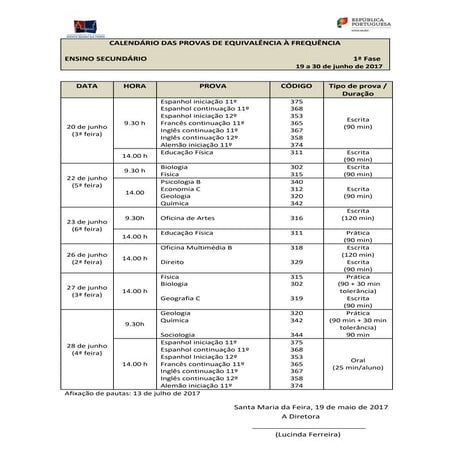 CALENDÁRIO DAS PROVAS DE EQUIVALÊNCIA À FREQUÊNCIA