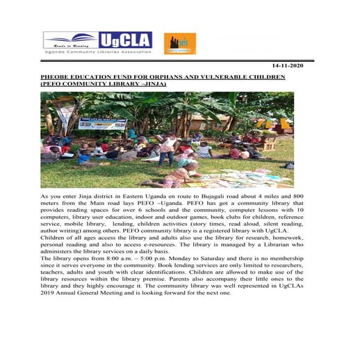 Pefo community library jinja, visit report november, 2020