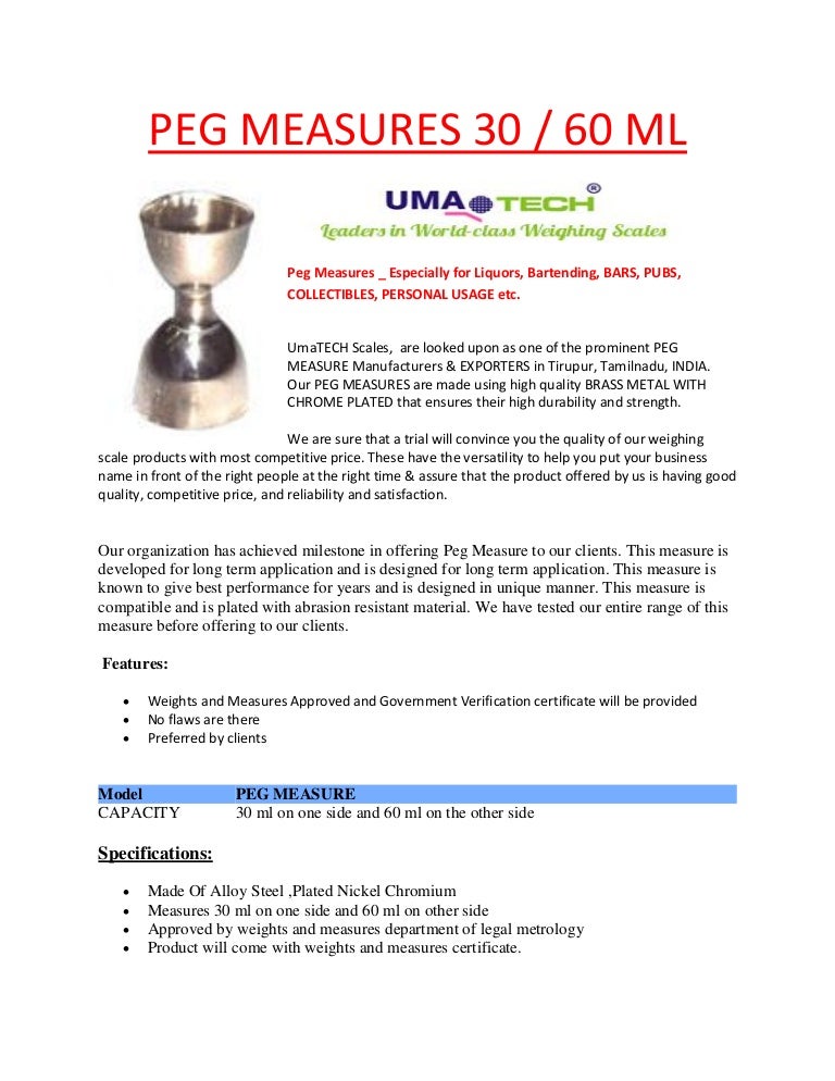 Peg measures 30 ml and 60ml Manufacturer & Suppliers in Tirupur