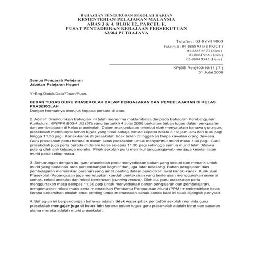 Pekeliling beban tugas guru prasekolah