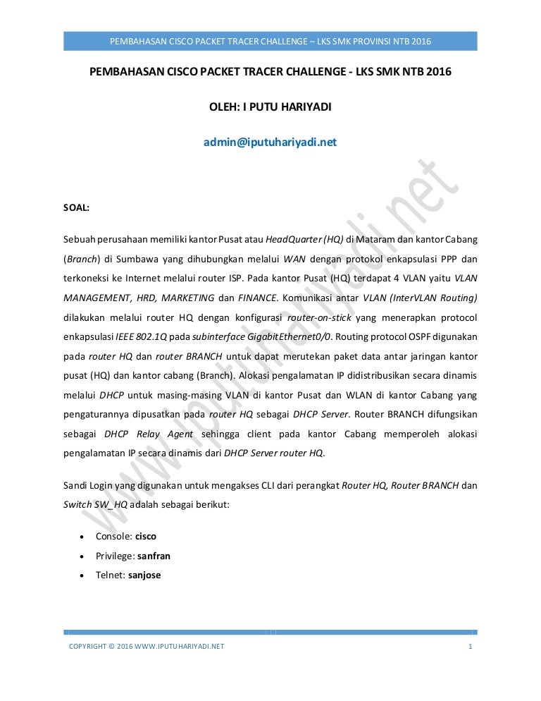 Pembahasan Cisco Packet Tracer Challenge Lks Smk Provinsi Ntb 2016