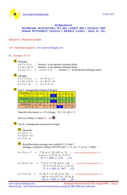 Pembahasan Olimpiade Matematika Its 2011 Tingkat Smp Babak Penyisihan