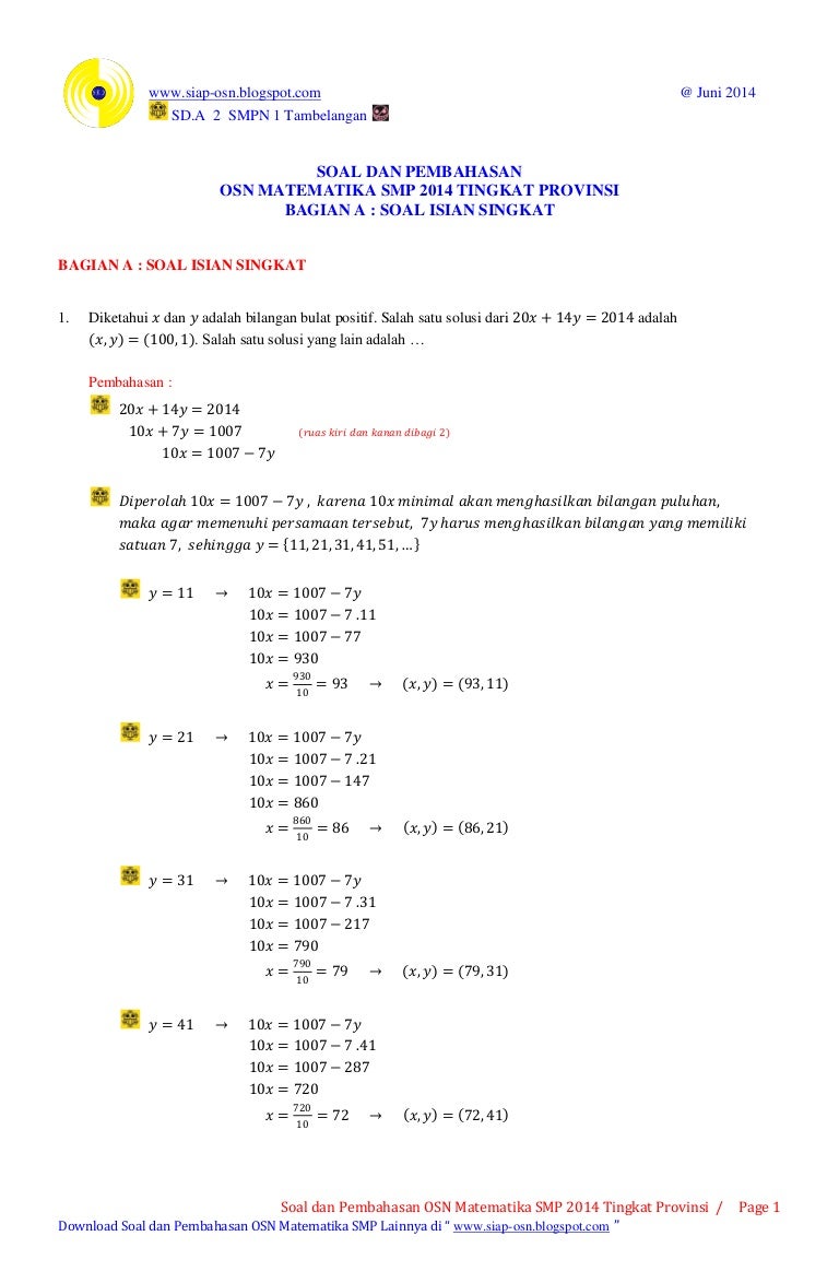 Pembahasan osn matematika smp 2014 tingkat provinsi
