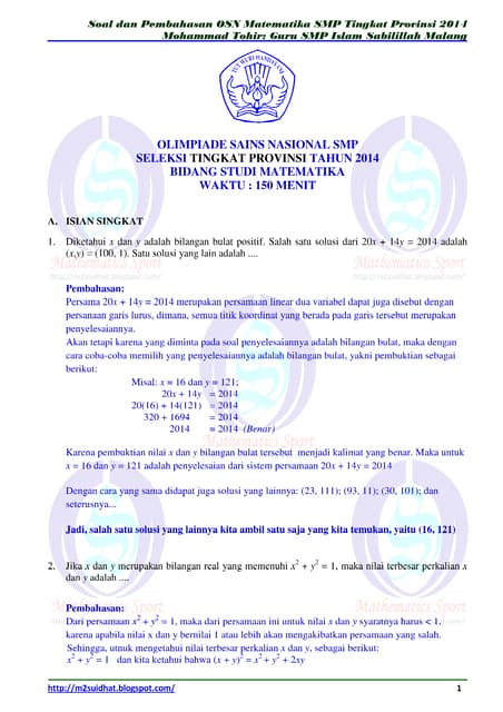 Pembahasan osn matematika smp 2014 tingkat provinsi (bagian b soal ur…