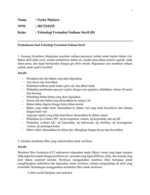 Pembahasan Soal Teknologi Formulasi Sediaan Steril