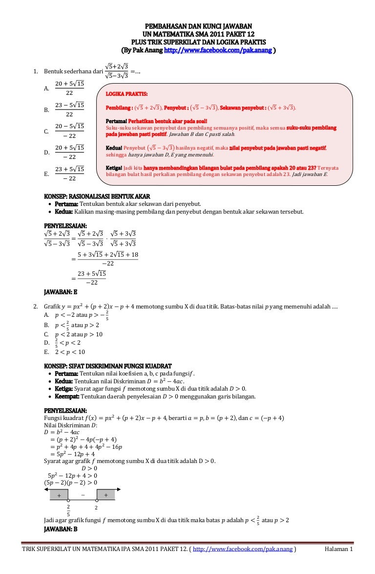 Pembahasan Un Matematika Sma 2011 Paket 12 Plus Trik Superkilat Dan L