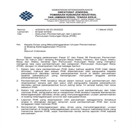 Pemberitahuan dan Laporan PHK Dirjen Hubungan Industrial dan Jaminan Sosial T...