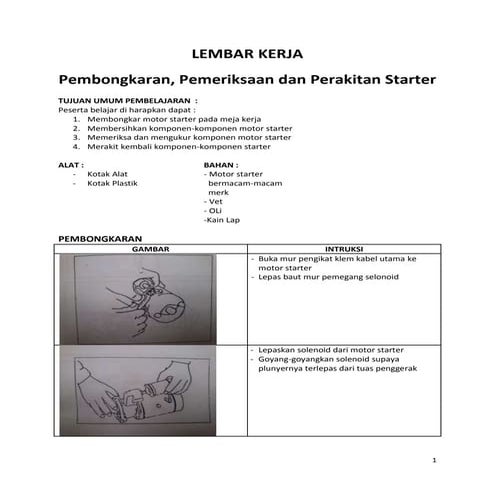 Job Sheet Pembongkaran, pemeriksaan dan perakitan starter