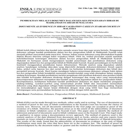PEMBUKTIAN MELALUI DOKUMEN DALAM KES-KES PENGESAHAN HIBAH DI MAHKAMAH SYARIAH...