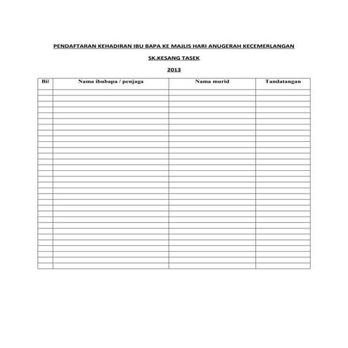 Pendaftaran kehadiran ibu bapa ke majlis hari anugerah kecemerlangan