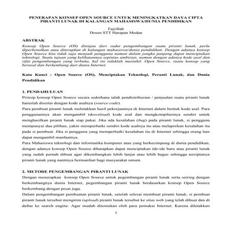 PENERAPAN KONSEP OPEN SOURCE UNTUK MENINGKATKAN DAYA CIPTA PIRANTI LUNAK DI K...