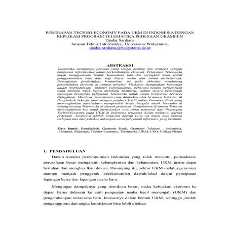 Paper Seminar Nasional Widyatama: Penerapan Techno Economy Pada Ukm Di Indonesia Dengan Replikasi Program Telematika Pedesaan Grameen
