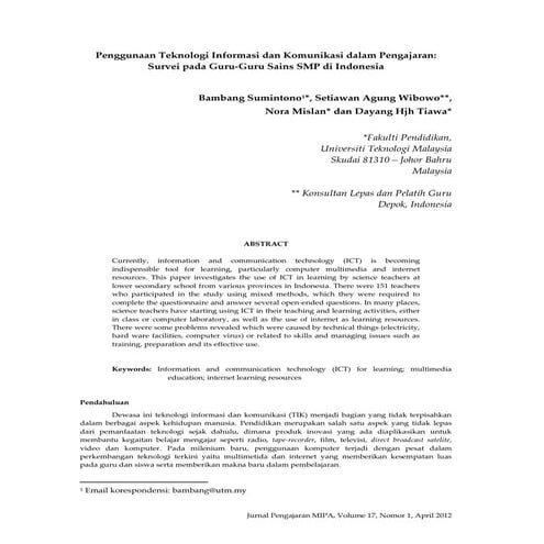 Penggunaan Teknologi Informasi dan Komunikasi dalam Pengajaran:  Survei pada ...