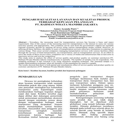 PENGARUH KUALITAS LAYANAN DAN KUALITAS PRODUK TERHADAP KEPUASAN PELANGGAN   PT. RAHMAN WISATA MANDIRI JAKARTA