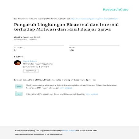 Pengaruh Lingkungan Eksternal dan Internal terhadap Motivasi dan Hasil Belaja...