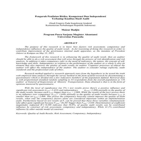 Pengaruh penilaian risiko, kompetensi dan independensi terhadap kualitas hasi...