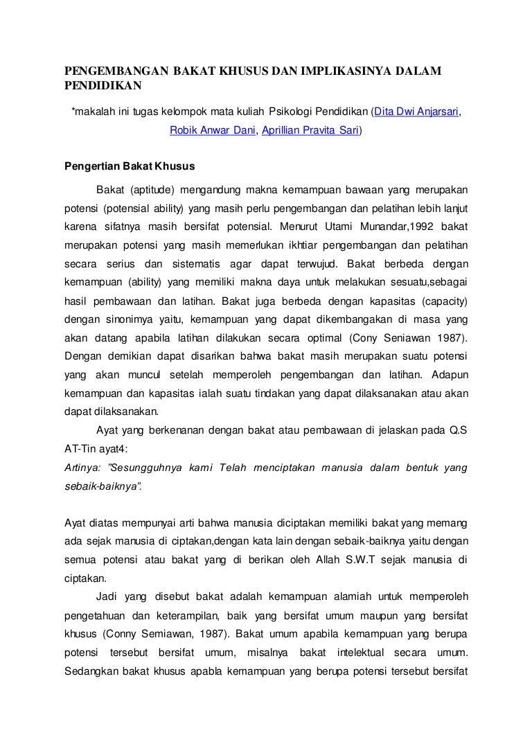 Pengembangan Bakat Khusus Dan Implikasinya Dalam Pendidikan