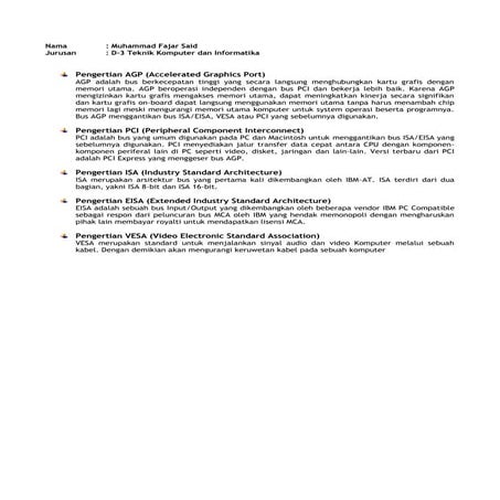 Pengertian AGP, PCI, ISA, EISA dan VESA