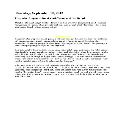 Pengertian evaporasi, kondensasi, dan tranperasi