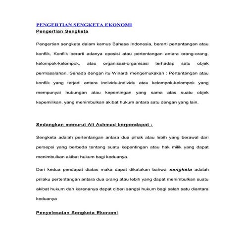 Pengertian sengketa ekonomi