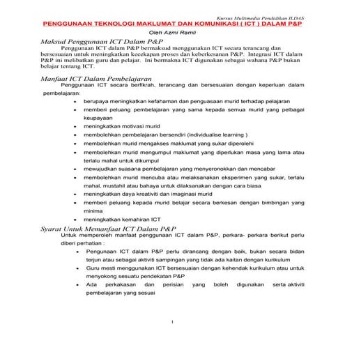 Penggunaan teknologi maklumat dan komunikasi ( ict ) dalam p&p
