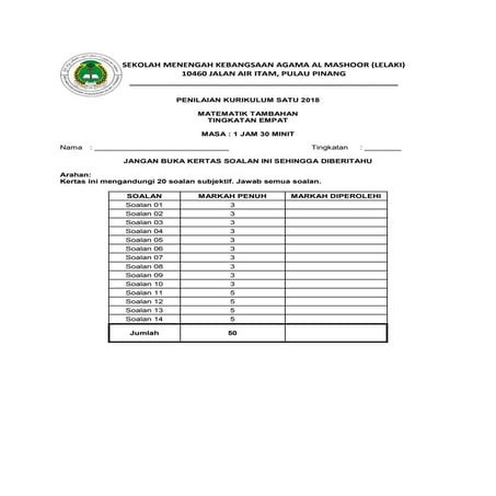 Penilaian kurikulum satu 2018