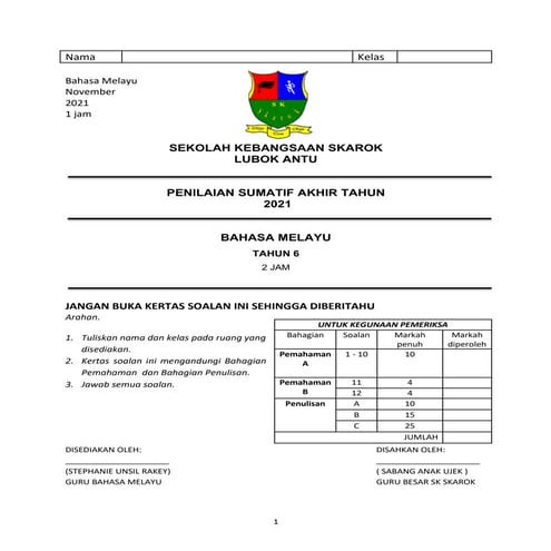Penilaian Sumatif Bahasa Melayu Tahun 6
