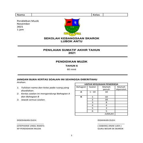 Penilaian Sumatif Muzik Tahun 6