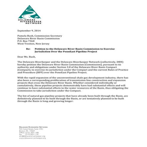 Delaware Riverkeeper Letter to DRBC Requesting Intervention to Stop PennEast ...