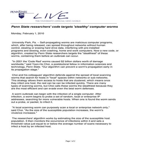 Penn State Researchers Code Targets Stealthy Computer Worms