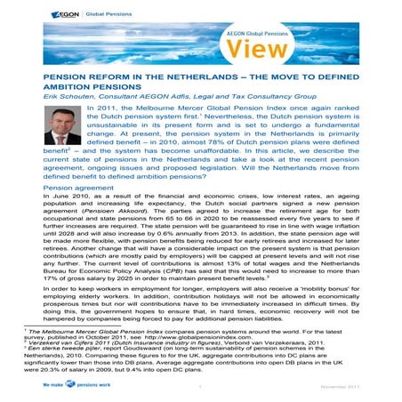 Pension Reform in the Netherlands – the Move to Defined Ambition Pensions