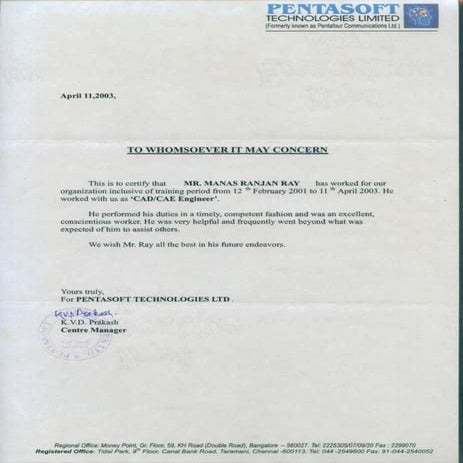 Pentasoft work certificate