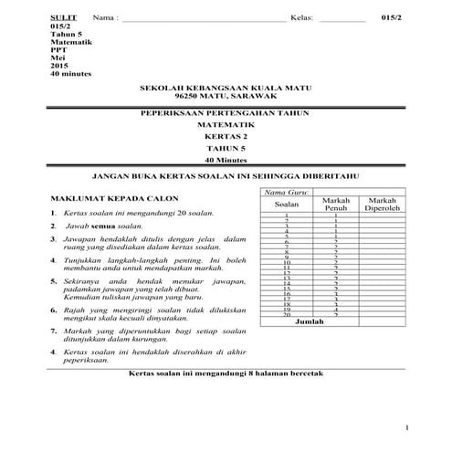 Peperiksaan pertengahan tahun   matematik tahun 5 kertas 2