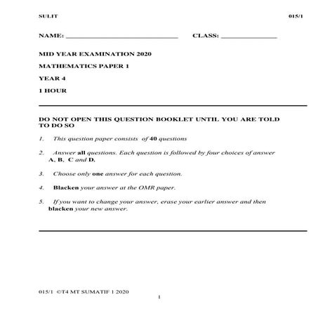 Peperiksaan pertengahan tahun matematik tahun 4 kertas 1