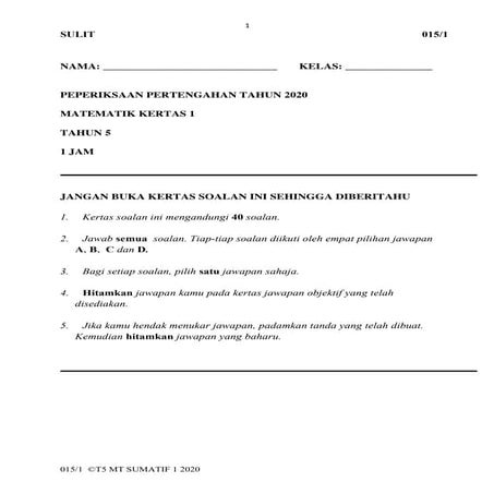 Peperiksaan pertengahan tahun matematik tahun 5 kertas 1