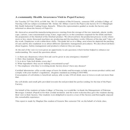 Pepsi cola factory visit report by maghan das