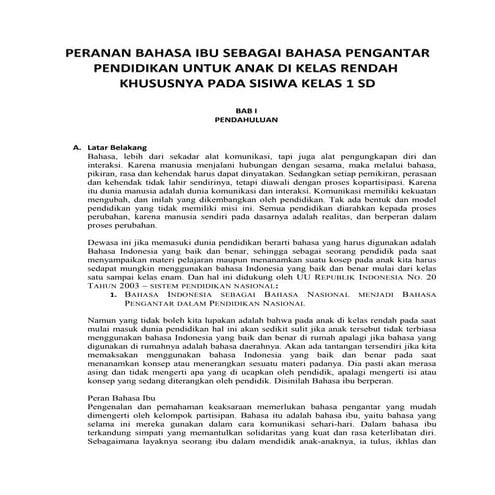 Peranan bahasa ibu sebagai bahasa pengantar pendidikan untuk anak di ...