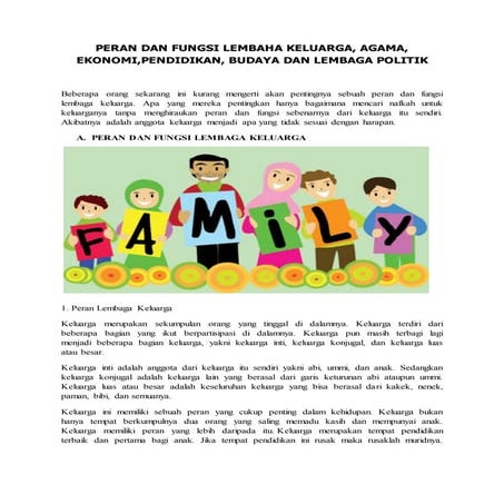 Peran dan fungsi lembaga keluarga, agama, ekonomi, pendidikan, budaya dan lem...