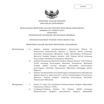 Peraturan Menteri Dalam Negeri Nomor 59 Tahun 2021 tentang Penerapan Standar ...