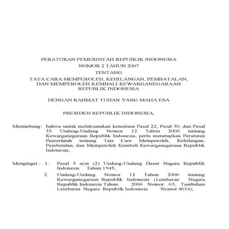 Peraturan pemerintah no. 2 tahun 2007