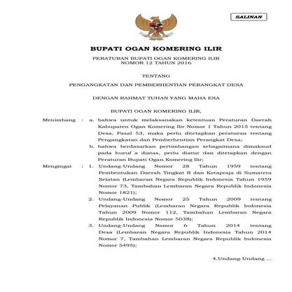 Perbub no 12 th 2016 perangkat desa