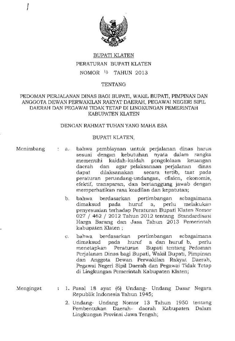 Perbub Nomor 13 Th 2013 Ttg Perjalanan Dinas Bupati