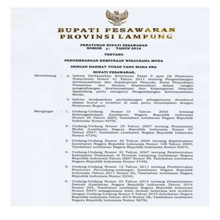 Perbup 51 tahun 2016   pengembangan kemitraan wirausaha muda di kabupaten pes...