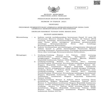 Perbup no.19. tahun 2021 pedoman pembentukan lembaga kemasyarakatan desa dan ...