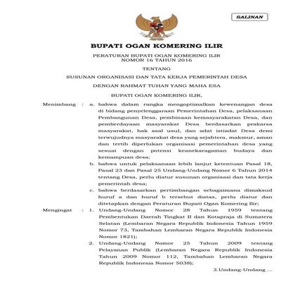 Perbup no 16 th 2016 sotk pemdes