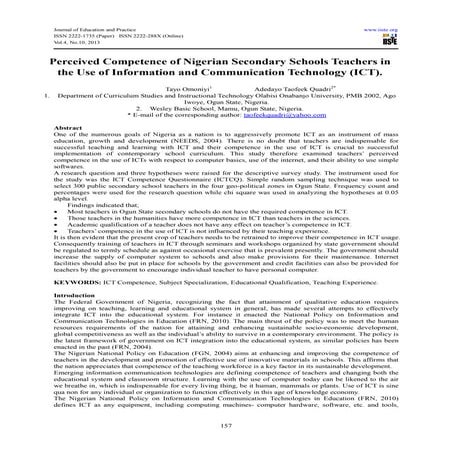 Perceived competence of nigerian secondary schools teachers in