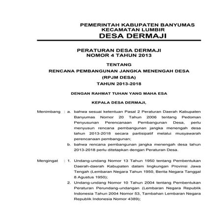 Perdes RPJMD Desa Dermaji Kecamatan Lumbir Kabupaten Banyumas